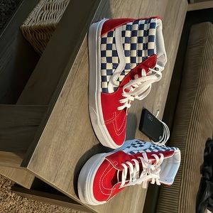 High Top Vans Shoes Blue and White Checkered With Red 8.5 in Womens 7 In Mens.